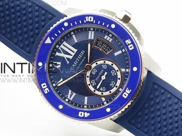 Calibre De Cartier Diver SS/RG Blue JJF on Blue Rubber Strap