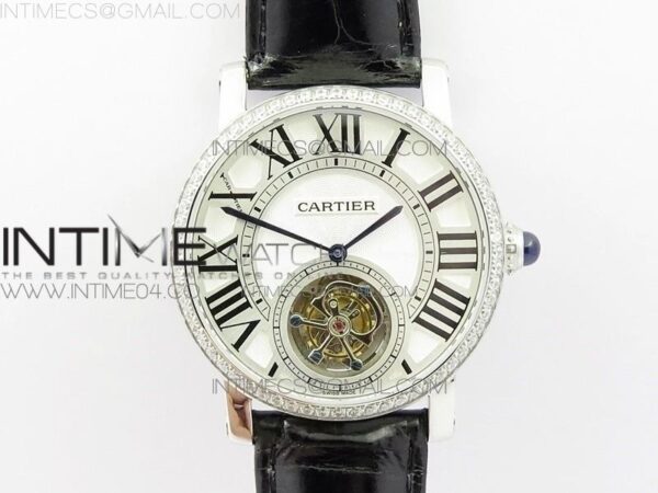Rotonde Flying Tourbillon SS BLF White Dial Diamonds Bezel on Black Leather Strap V2