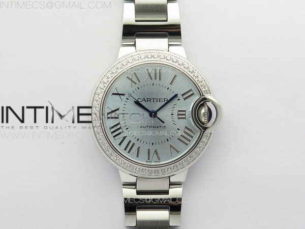 Ballon Bleu 33mm Diamonds Bezel SS K3F 1:1 Best Edition Ice Blue Dial on SS Bracelet A076