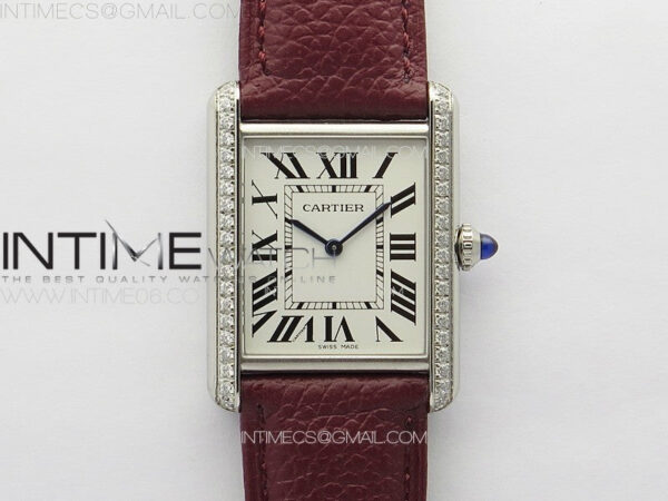 Tank Louis Ladies 25mm SS/Crystal 8848F 1:1 Best Edition White Dial on Dark Red Leather Strap Ronda Quartz