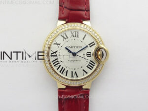 Ballon Bleu 33mm Diamonds Bezel RG K3F 1:1 Best Edition White Dial on Red Leather Strap A076