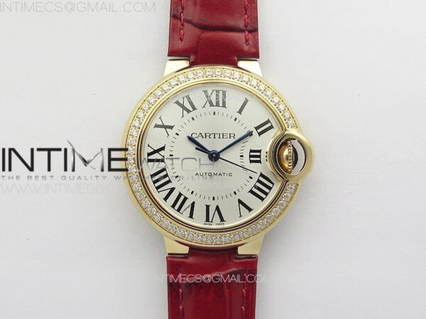 Ballon Bleu 33mm Diamonds Bezel RG K3F 1:1 Best Edition White Dial on Red Leather Strap A076