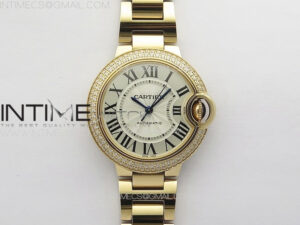 Ballon Bleu 33mm Double Diamonds Bezel RG K3F 1:1 Best Edition White Textured Dial on SS Bracelet A076