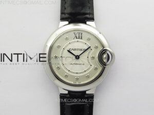 Ballon Bleu 33mm SS K3F 1:1 Best Edition White Textured Dia Markers Dial on Black Leather Strap A076