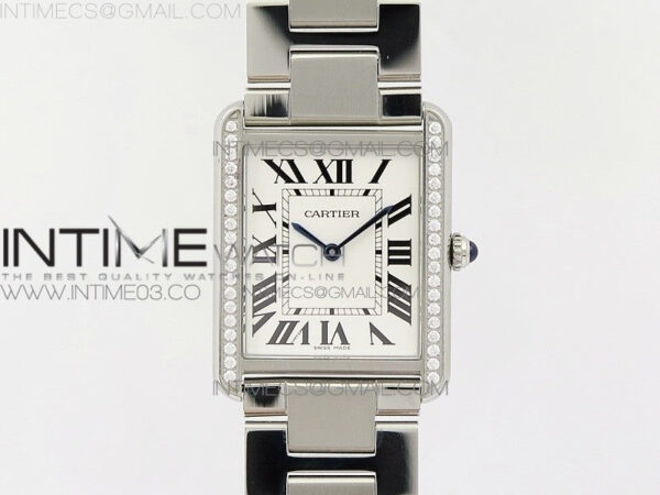 Tank Solo Ladies 28mm SS Diamond Bezel K11F 1:1 Best Edition White Dial on SS Bracelet Ronda Quartz