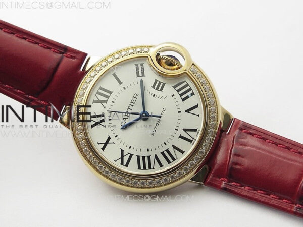 Ballon Bleu 33mm Diamonds Bezel RG K3F 1:1 Best Edition White Dial on Red Leather Strap A076 – Bild 2