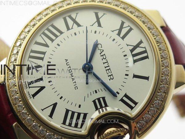 Ballon Bleu 33mm Diamonds Bezel RG K3F 1:1 Best Edition White Dial on Red Leather Strap A076 – Bild 4