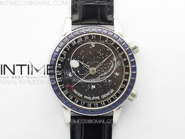 6104P Moon SS 3EF Best Edition Black Dial Blue T Diamond Bezel on Black Leather Strap A240