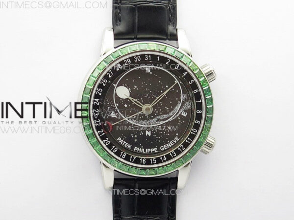 6104P Moon SS 3EF Best Edition Black Dial Green T Diamond Bezel on Black Leather Strap A240