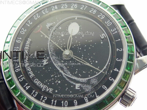 6104P Moon SS 3EF Best Edition Black Dial Green T Diamond Bezel on Black Leather Strap A240 – Bild 4