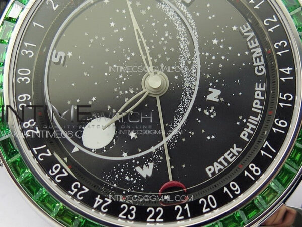6104P Moon SS 3EF Best Edition Black Dial Green T Diamond Bezel on Black Leather Strap A240 – Bild 6