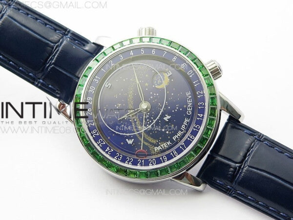 6104P Moon SS 3EF Best Edition Blue Dial Green T Diamond Bezel on Blue Leather Strap A240 – Bild 2