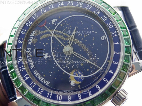 6104P Moon SS 3EF Best Edition Blue Dial Green T Diamond Bezel on Blue Leather Strap A240 – Bild 4