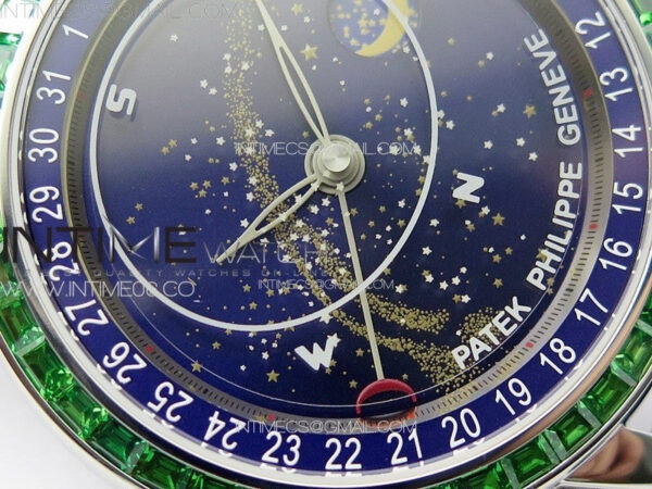 6104P Moon SS 3EF Best Edition Blue Dial Green T Diamond Bezel on Blue Leather Strap A240 – Bild 6