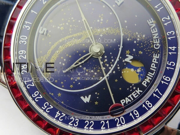 6104P Moon SS 3EF Best Edition Blue Dial Red T Diamond Bezel on Blue Leather Strap A240 – Bild 6