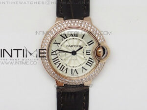 Ballon Bleu 28mm Ladies Diamind Bezel White Textured Dial on Brown Leather Ronda Quartz