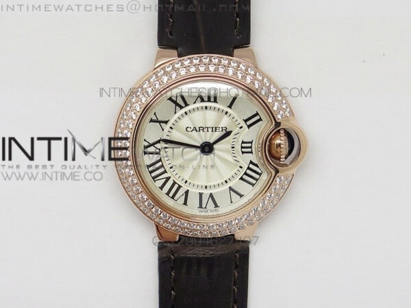 Ballon Bleu 28mm Ladies Diamind Bezel White Textured Dial on Brown Leather Ronda Quartz