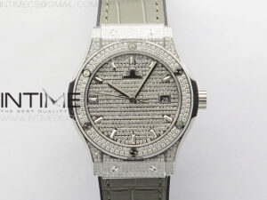 Classic Fusion 42mm SS Paved Diamonds Case And Bezel B50F Paved Diamonds Dial On Gray Gummy Strap A2892