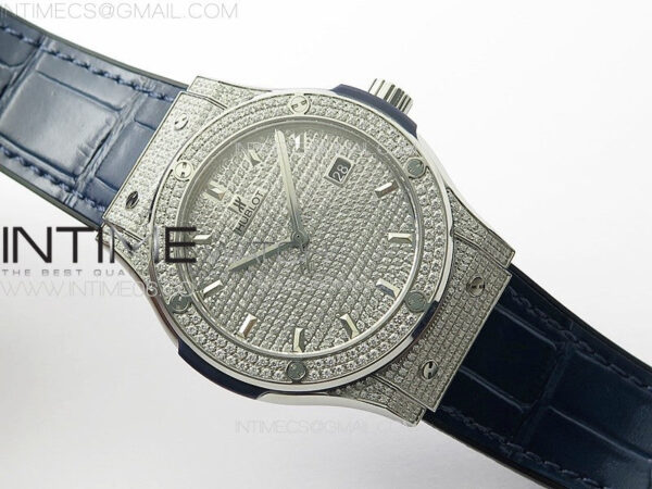 Classic Fusion 42mm SS Paved Diamonds Case And Bezel B50F Paved Diamonds Dial On Blue Gummy Strap A2892 – Bild 2