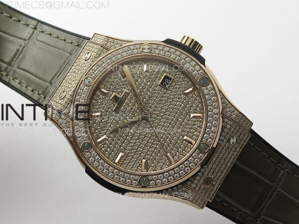 Classic Fusion 42mm RG Paved Diamonds Case And Bezel B50F Paved Diamonds Dial On Gray Gummy Strap A2892 – Bild 2