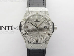 Classic Fusion 42mm SS Paved Diamonds Case And Bezel B50F Paved Diamonds Dial On Black Gummy Strap A2892