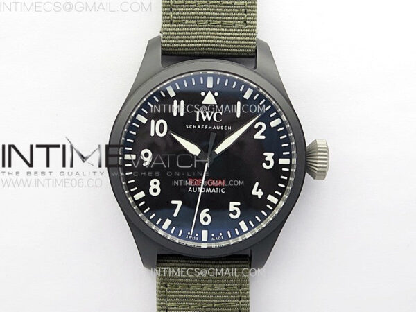 Big Pilot IW329801 Real Ceramic M+F 1:1 Best Edition Black Dial on Green Calfskin Strap SEIKO 8N-24