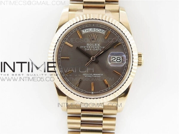 Day-Date 36 128239 RG BP Best Edition Gray Sticks Markers Dial on RG President Bracelet