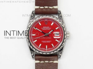 Datejust Engraved SS Case Red dial on Brown Leather Strap