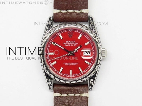 Datejust Engraved SS Case Red dial on Brown Leather Strap