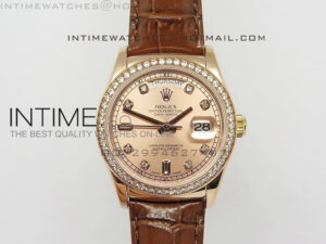 DayDate RG 36mm Rose Gold Dial Diamond Bezel On Leather Strap