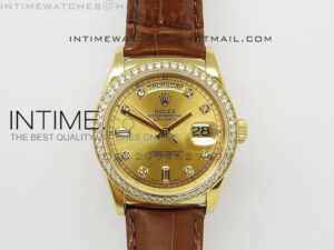 DayDate YG 36mm Gold Dial Diamond Bezel On Leather Strap