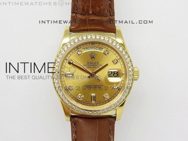DayDate YG 36mm Gold Dial Diamond Bezel On Leather Strap