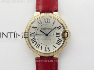 Ballon Bleu 36mm Diamonds Bezel RG K3F 1:1 Best Edition White Textured Dial On Red Leather Strap A076