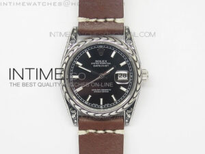Datejust Engraved SS Case Black dial on Brown Leather Strap