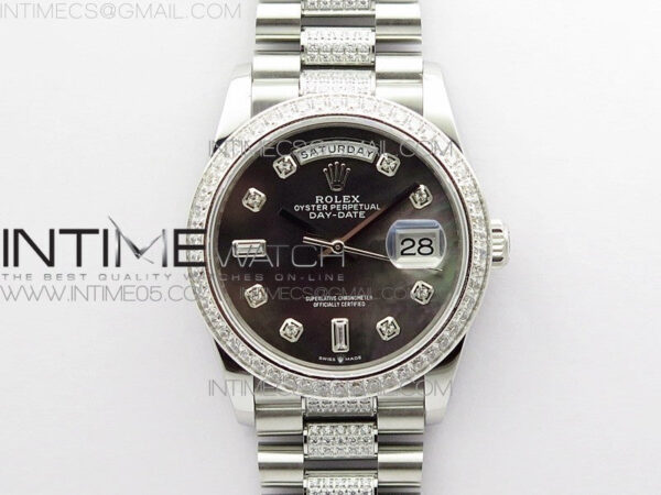 Day-Date 36 128239 SS/Crystal BP Best Edition Black MOP Crystal Markers Dial on SS President Bracelet A2836