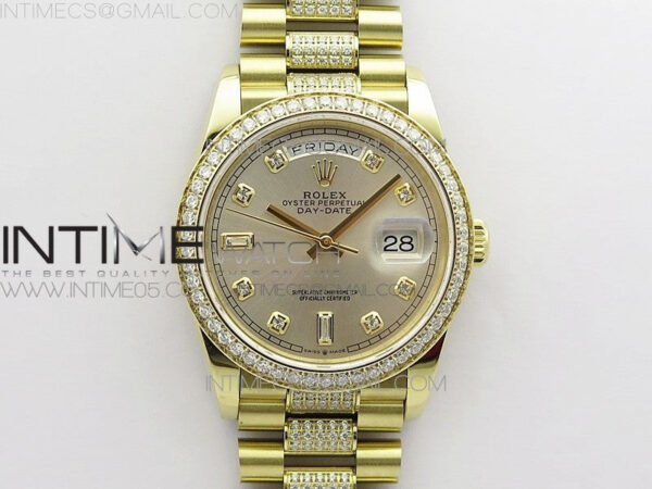 Day-Date 36 128235 YG/Crystal BP Best Edition Silver Crystal Marker Dial on YG President Bracelet A2836