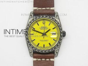 Datejust Engraved DLC Case Yellow dial on Brown Leather Strap
