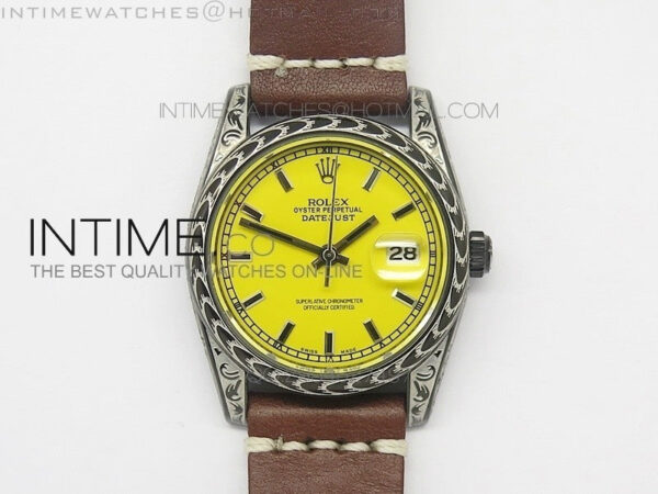 Datejust Engraved DLC Case Yellow dial on Brown Leather Strap
