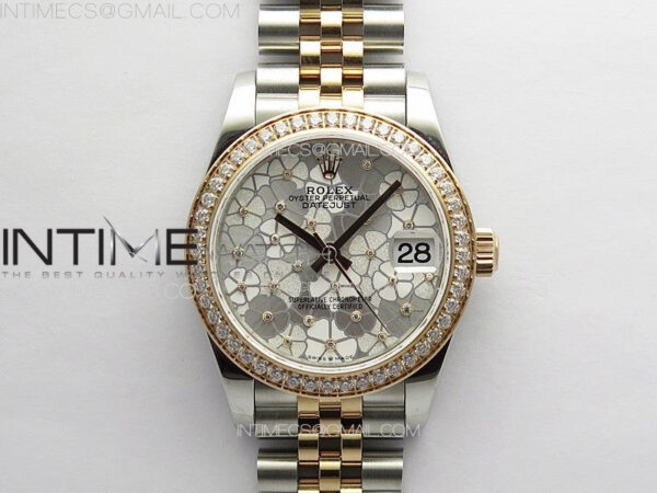 DateJust 31mm 278274 904L SS/RG Crystals Bezel GMF Best Edition Silver Flowers Crystals Dial on 904L SS/RG Jubilee Bracelet A2824