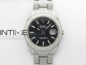 DateJust 41 126334 904 Full Paved Diamonds BP Best Edition Black Dial Sticks Markers on Oyster Bracelet A2824