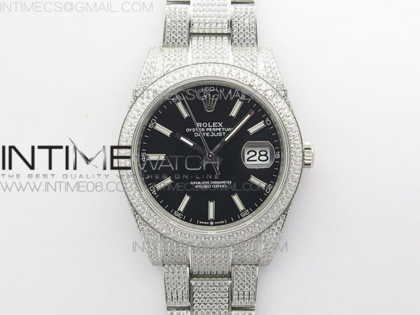DateJust 41 126334 904 Full Paved Diamonds BP Best Edition Black Dial Sticks Markers on Oyster Bracelet A2824