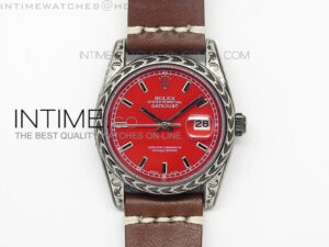 Datejust Engraved DLC Case Red dial on Brown Leather Strap