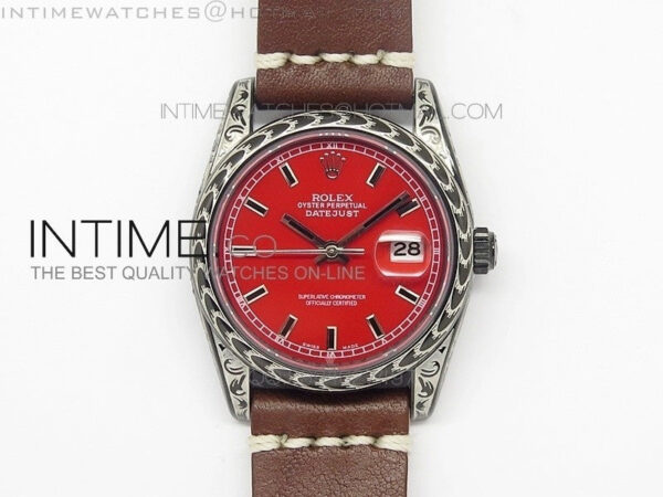 Datejust Engraved DLC Case Red dial on Brown Leather Strap