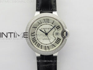 Ballon Bleu 42mm Diamonds Bezel SS K3F 1:1 Best Edition White Texture Dial on Black Leather Strap A2824
