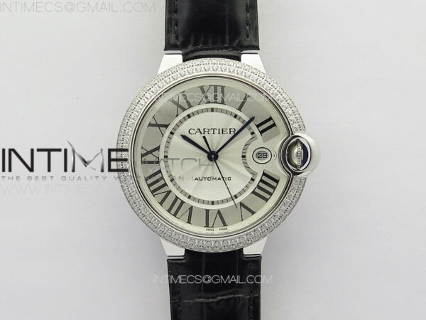 Ballon Bleu 42mm Diamonds Bezel SS K3F 1:1 Best Edition White Texture Dial on Black Leather Strap A2824