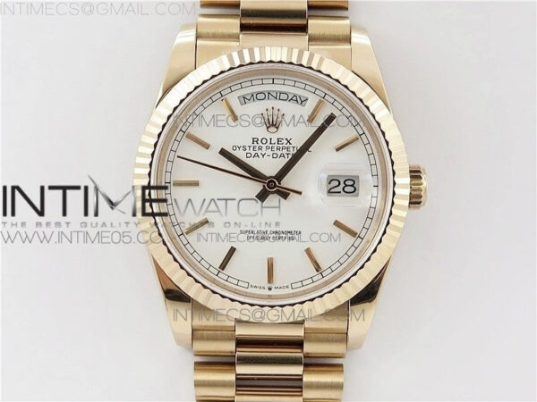 Day-Date 36 128239 RG BP Best Edition White Sticks Markers Dial on RG President Bracelet