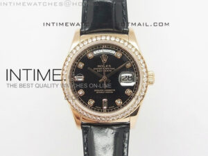 DayDate RG 36mm Black Dial Diamond Bezel On Leather Strap