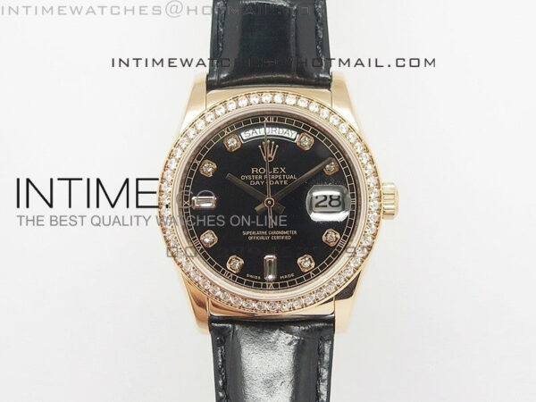 DayDate RG 36mm Black Dial Diamond Bezel On Leather Strap
