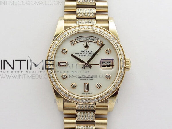 Day-Date 36 128235 RG/Crystal BP Best Edition White MOP Crystal Marker Dial on RG President Bracelet A2836