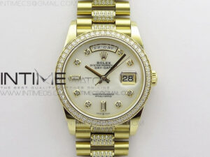 Day-Date 36 128235 YG/Crystal BP Best Edition White MOP Crystal Marker Dial on YG President Bracelet A2836